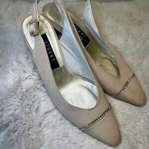 Vintage Y2K stuart weitzman cream suede Glam Embellished Textured Kitten Heels